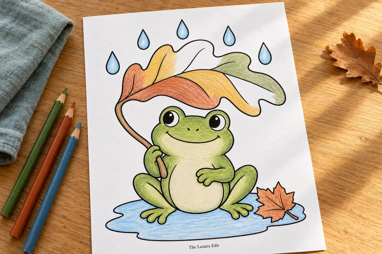 A green frog coloring page with a rust, ochre and sage leaf umbrella on an oak table beside colored pencils, blue-sage linen and an oak leaf.