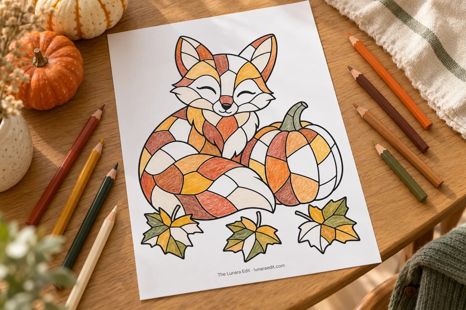 A partly colored mosaic fox and pumpkin sheet on a honey-oak table with colored pencils, cream linen and small pumpkins.