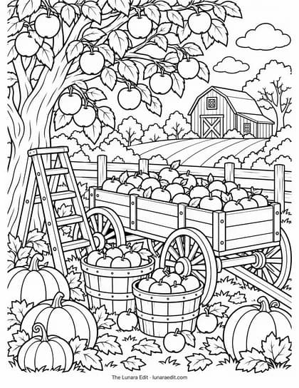Uncolored Apple Orchard Wagon printable coloring page