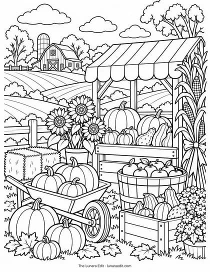 Uncolored Autumn Farm Stand printable coloring page