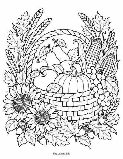 Uncolored Autumn Harvest Basket printable coloring page