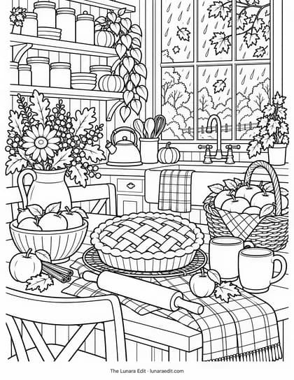 Uncolored Autumn Kitchen printable coloring page