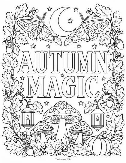 Uncolored Autumn Magic printable coloring page