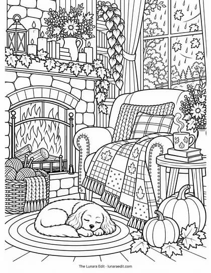 Uncolored Fireplace Reading Corner printable coloring page