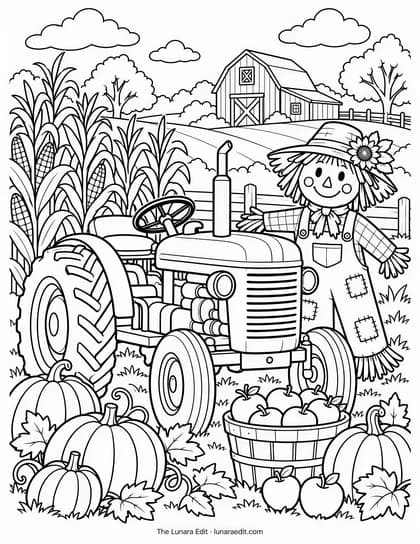 Uncolored Harvest Tractor printable coloring page