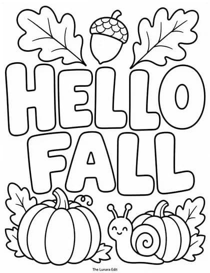 Uncolored Hello Fall printable coloring page