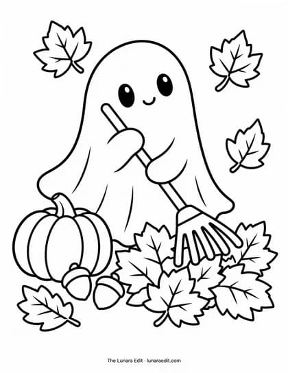 Uncolored Leaf-Raking Ghost printable coloring page