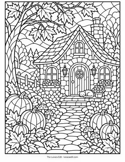 Uncolored Mosaic Autumn Cottage printable coloring page