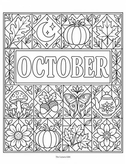 Uncolored October Patchwork printable coloring page