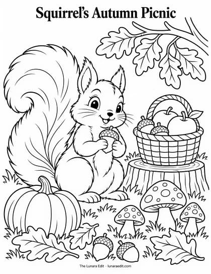 Uncolored Squirrel’s Autumn Picnic printable coloring page