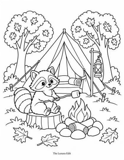 Uncolored Woodland Autumn Camp printable coloring page