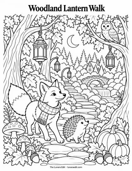 Uncolored Woodland Lantern Walk printable coloring page