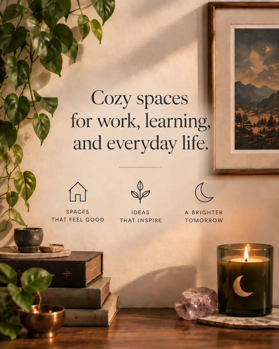 A calm corner with a candle and amethyst, captioned “Cozy spaces for work, learning, and everyday life”
