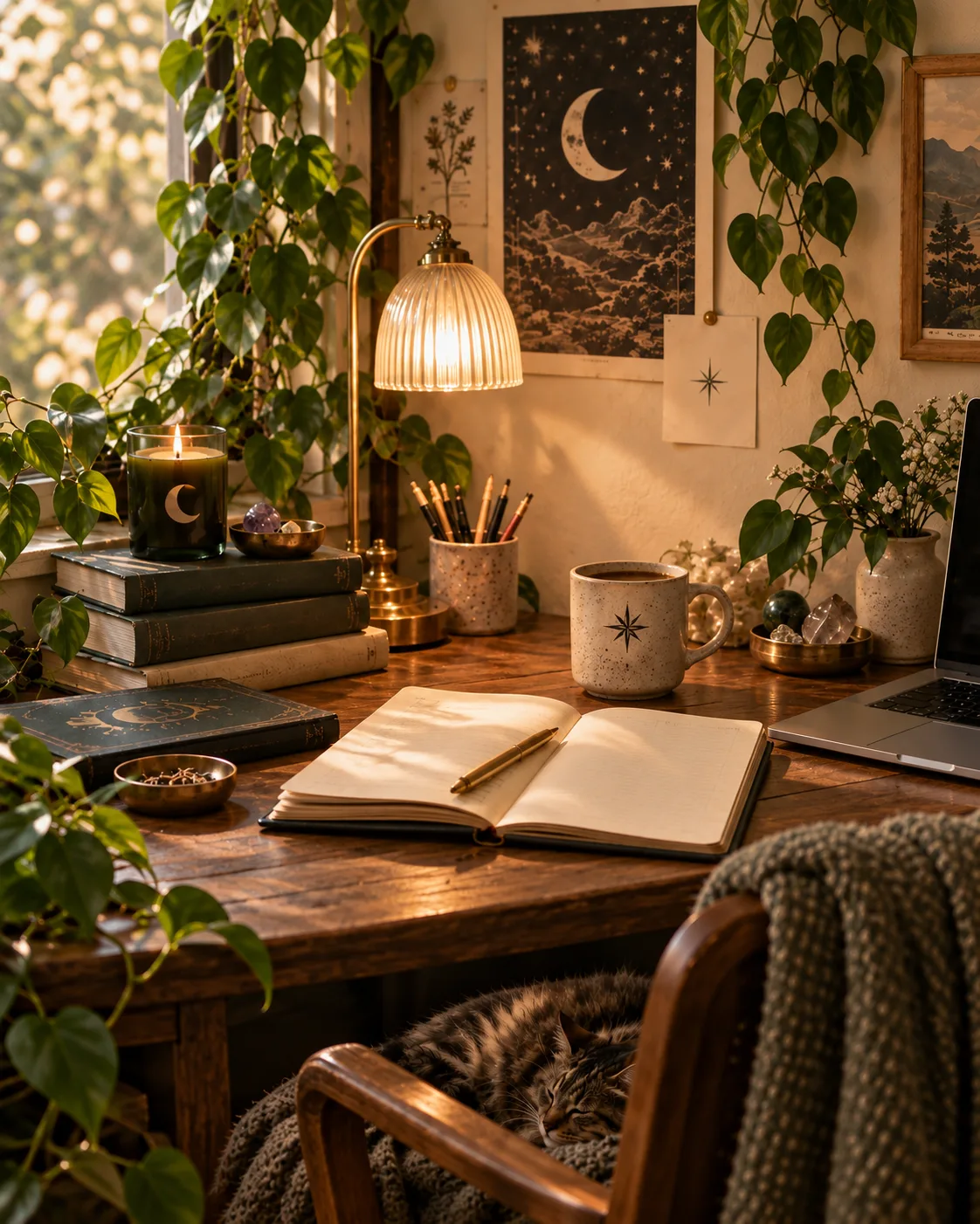 A warm wooden desk at golden hour with a brass lamp, an open notebook, trailing plants, and a moon-phase print on the wall