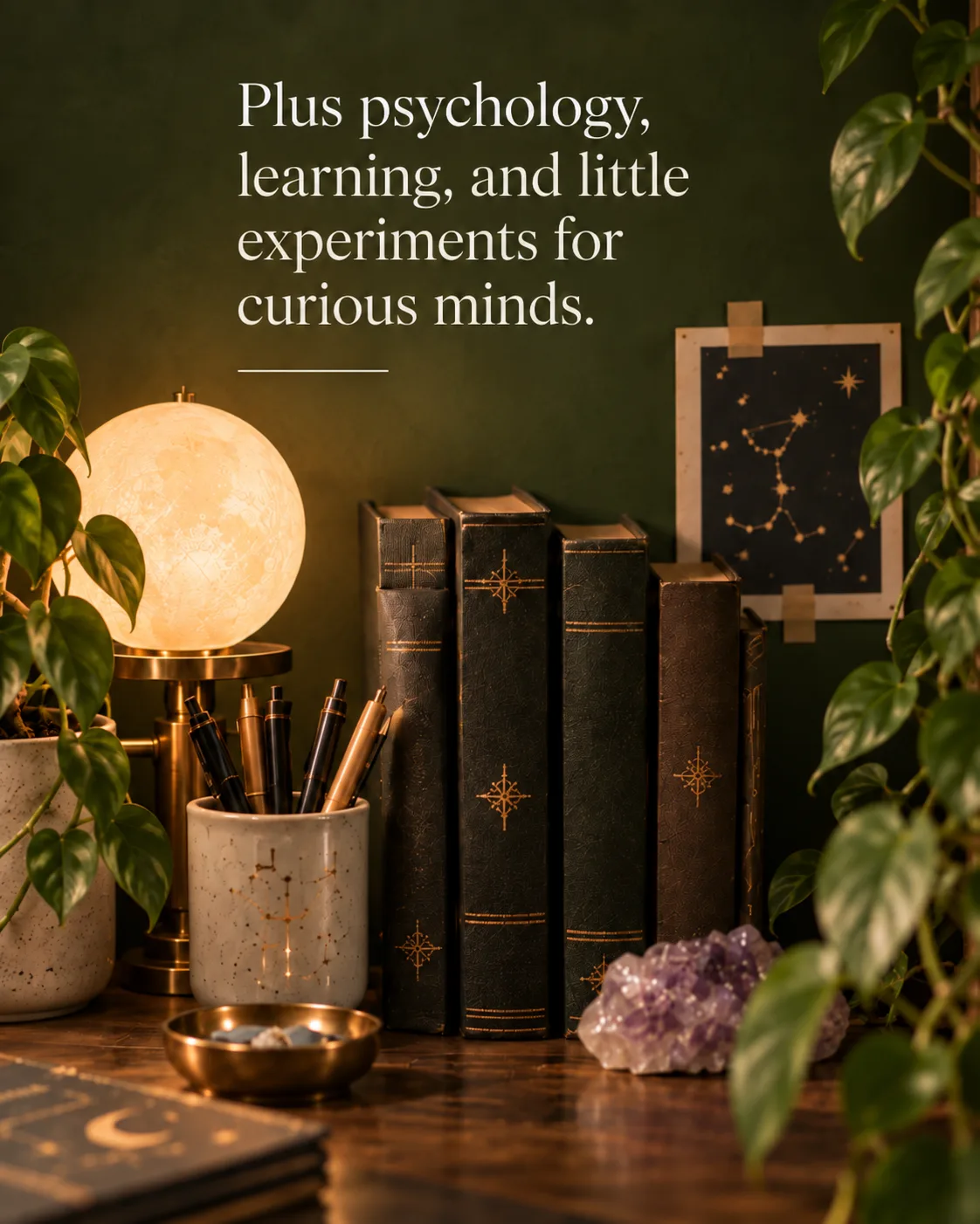 Gilded books and a constellation print, captioned “Plus psychology, learning, and little experiments for curious minds”